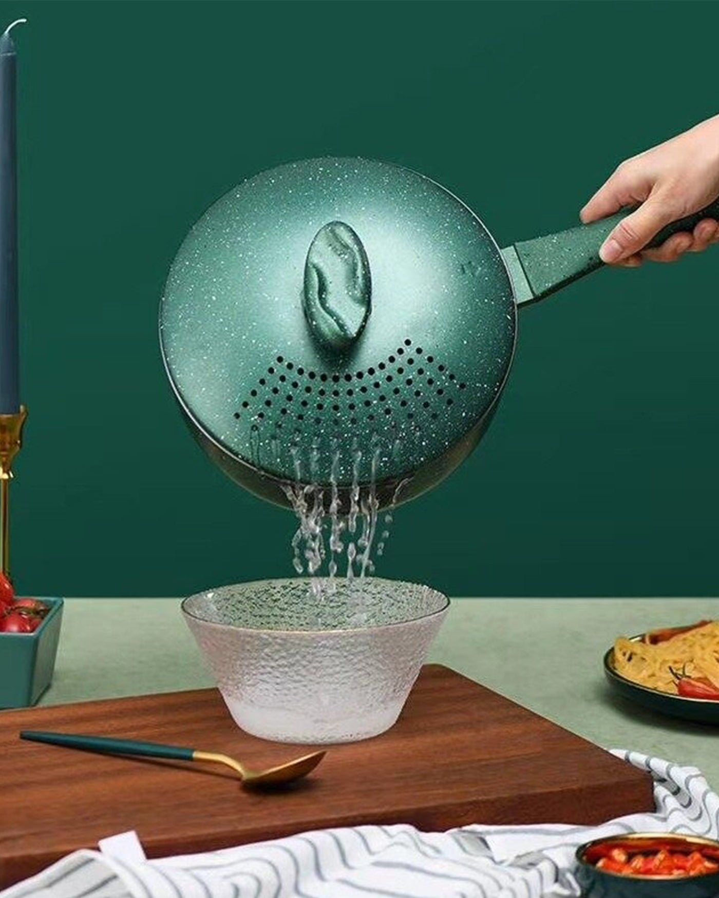 Pure nonstick noodle cooking pan with lid and stock strainer